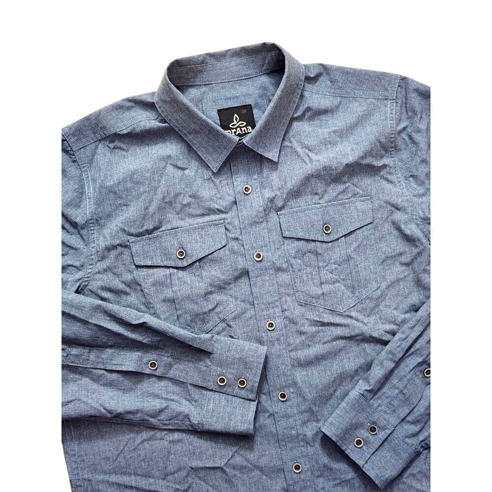 PrAna Men's Med button up Hiking Outdoor‎ shirt Blue chest pocket Roll Tab nylon